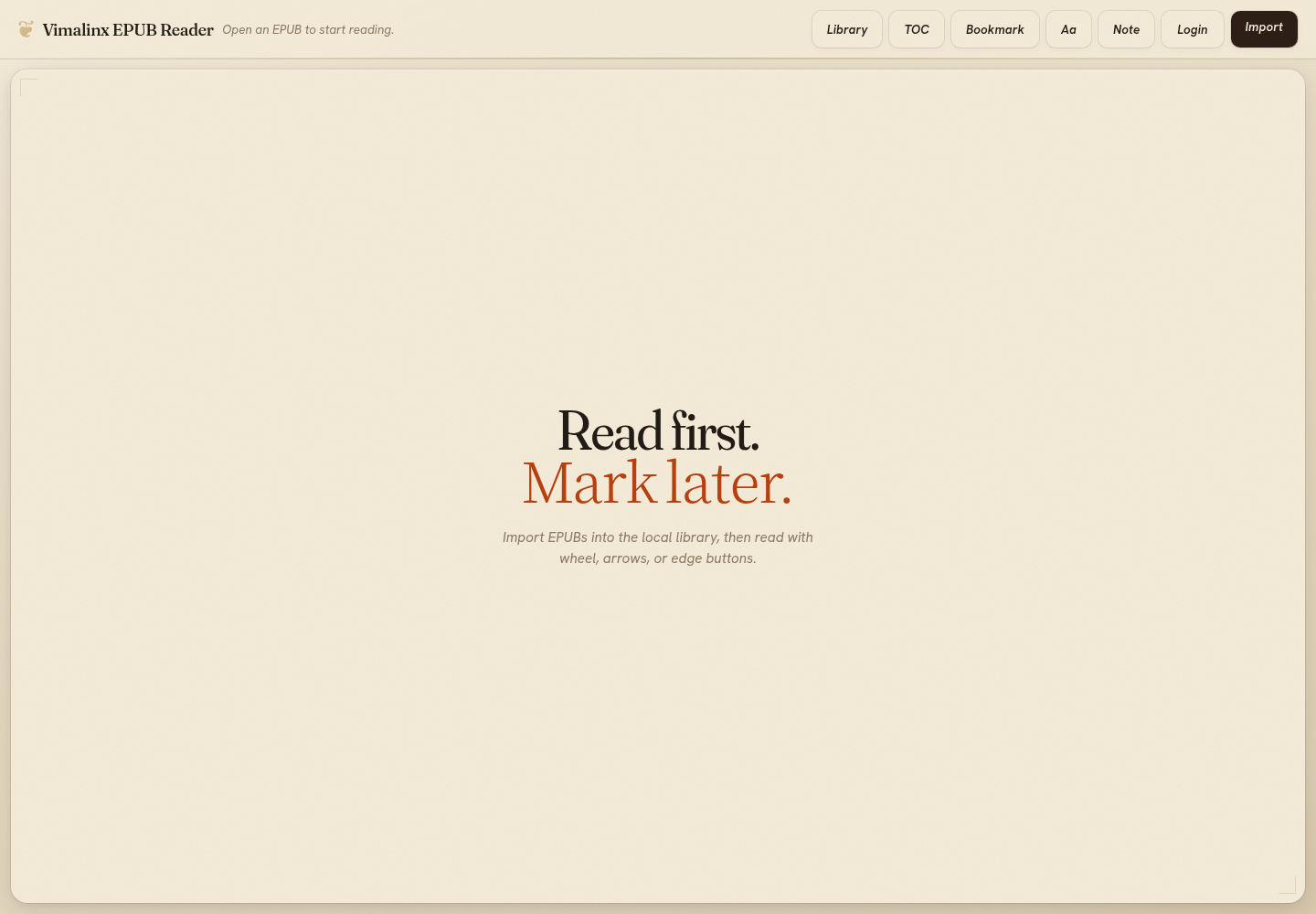 EPUB Reader 线上首页，显示 Read first. Mark later. 与导入入口