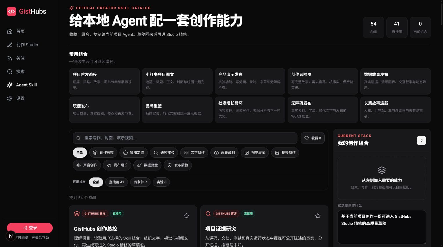 GistHubs Agent Skill 目录，展示 54 个创作 Skill、常用组合与当前创作栈