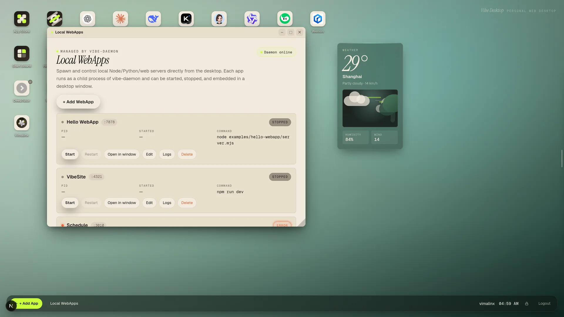 VibeDesktop 本地 Web 应用管理窗口
